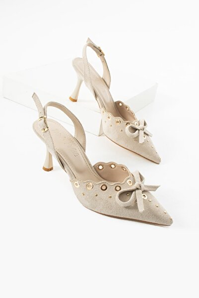 diclepolat Women's Beige Pointed Toe Heeled Shoes with Bow and Metal Detail, ...