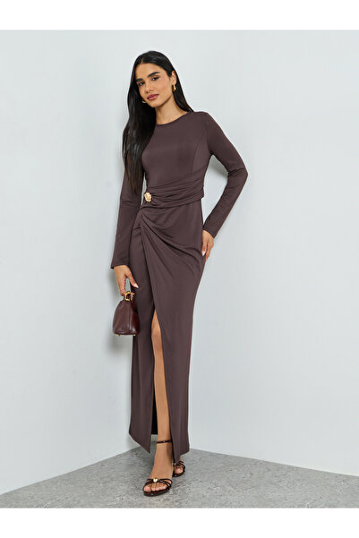 Take Two By Styli Women's Solid Round Neck Long Sleeve Mental Buckle Decor Ru...