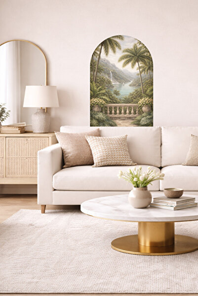 Sim Tasarım Tropski pejzaž i vodopad, palma, ovalni luk, zidna naljepnica