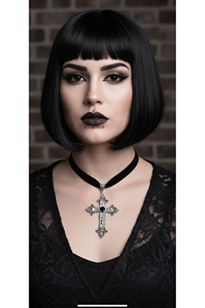 Corvus kolye&bileklik Siyah Gothic Cross Kadife Tasma