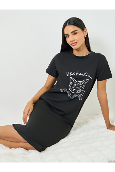 Take Two By Styli Black Cat Print T-Shirt Dress