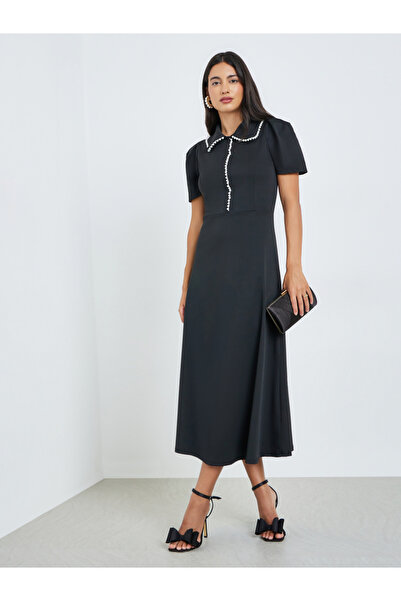 Styli Black Pearl-Embellished Collared A-Line Midi Dress