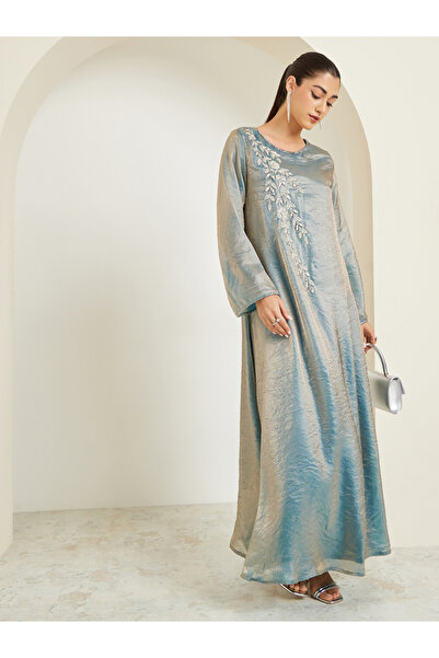 Amirah By Styli Teal Shiny Embroidered A-Line Jalabiya