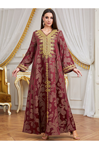 Take Two By Styli Burgundy Jacquard Embroidered A-Line Jalabiya