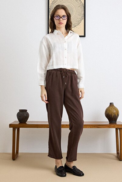 Olcay Soft Denim Trousers with Lace Detail and Elastic Waist Brown 7586