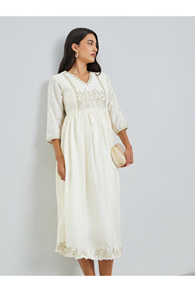 Styli Cream Embroidery A-Line Midi Dress with 3/4th Sleeves