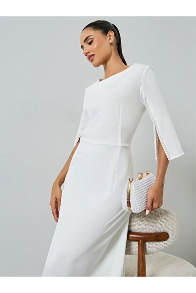 Styli White Embellished Slit Sleeve Midi Dress