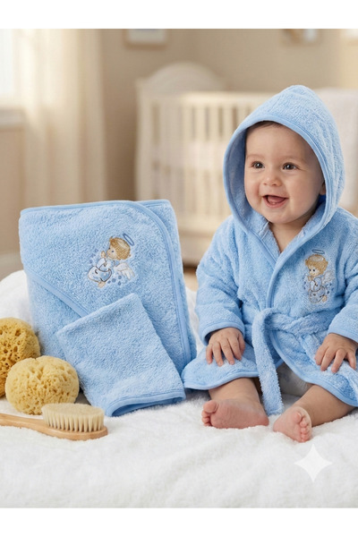 MASSIBEBE Set Premium pentru Baie Bebe cu Îngeraș Brodat (Halat, Prosop și Mă...