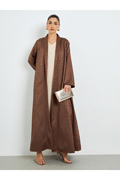 Amirah By Styli Brown Jacquard Front Open Abaya