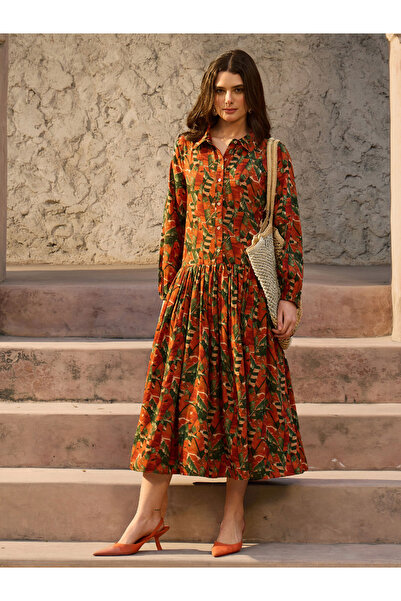 Sassafras By Styli Orange Tropical Print Front Button Down Midi Dress