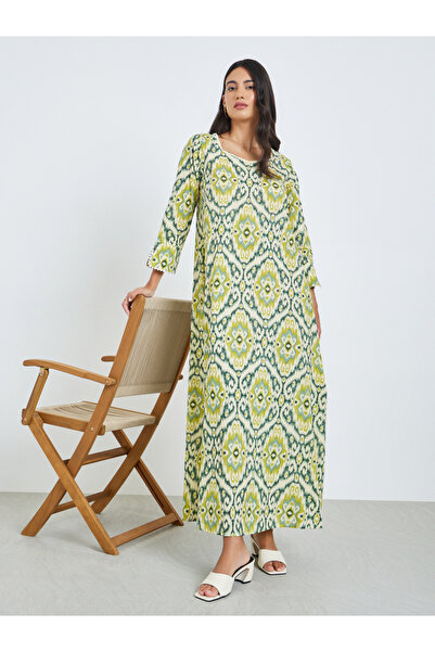 Amirah By Styli Yellow Printed Square Neck A-Line Jalabiya