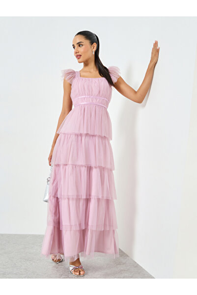 Styli فستان ماكسي مكشكش بأكمام مكشكشة بلون أرجواني فاتح