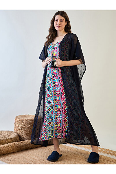 The Kaftan Company By Styli Navy Blue Dobby Kaftan with Printed Dress
