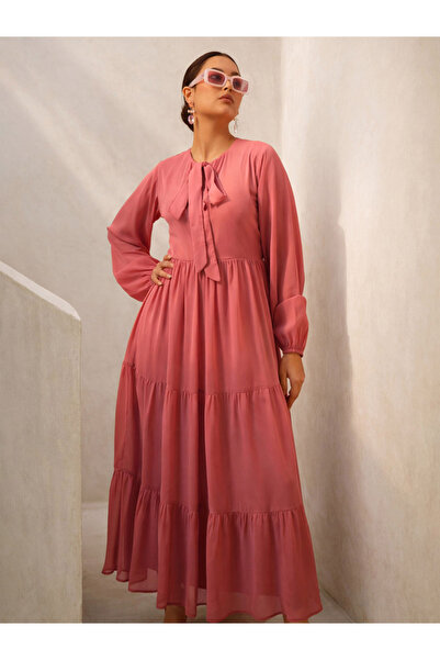 Sassafras By Styli Pink Tie-Up Neck Long Sleeve Tiered Maxi Dress