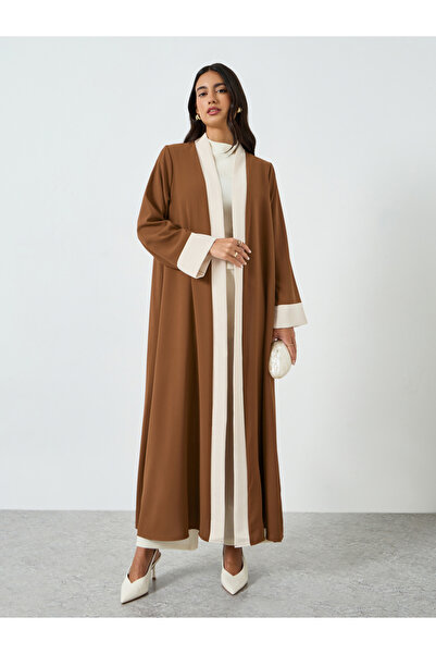 Amirah By Styli Brown Contrast Panel Front Open Abaya