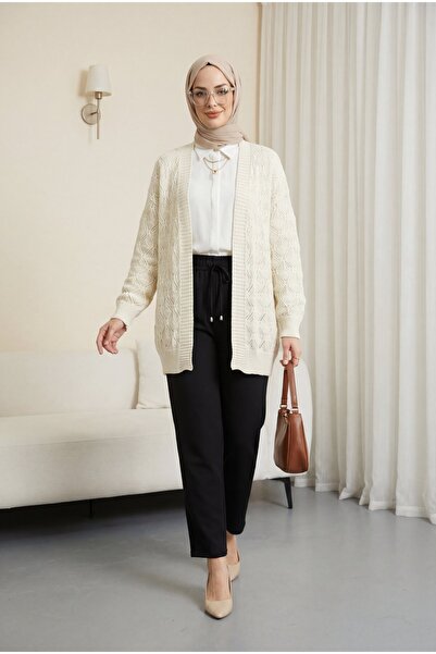 Modamorfo Patterned Araboy Knitted Knitwear Cardigan - Cream