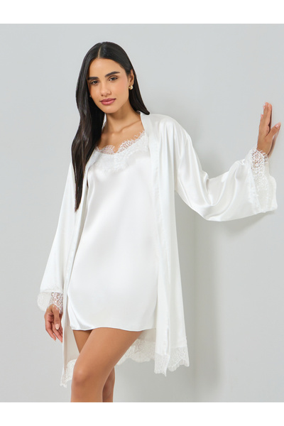 Take Two By Styli White Lace Trim Robe and Slip Dress Set