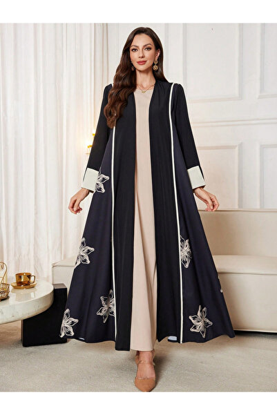 Take Two By Styli Black Floral Print Open Front Abaya