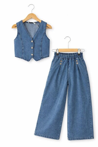 Neva Baby&Kids Kız Çocuk Kot Yelekli 2’li Bayramlık Takım – Düğmeli Denim Yel...