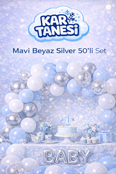KAR TANESİ Mavi Beyaz Silver Balon Seti 50 Adet – 1 Yaş Erkek Bebek Doğum Gün...