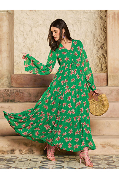 Sassafras By Styli Green Floral Print Front Drawstring Maxi Dress