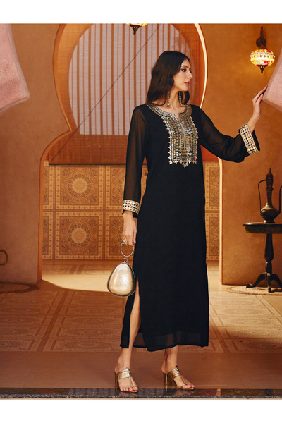 Sassafras By Styli Black Embroidered Neck Abaya Dress