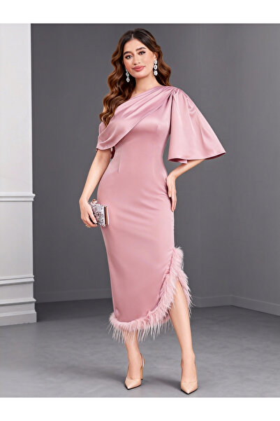 Take Two By Styli Pink One Shoulder Cape Sleeve Midi Dress with Feather Hem
