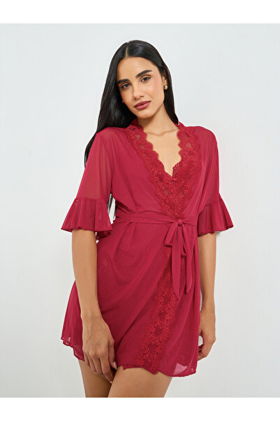 Take Two By Styli Burgundy Lace Trim Robe and Slip Dress Set
