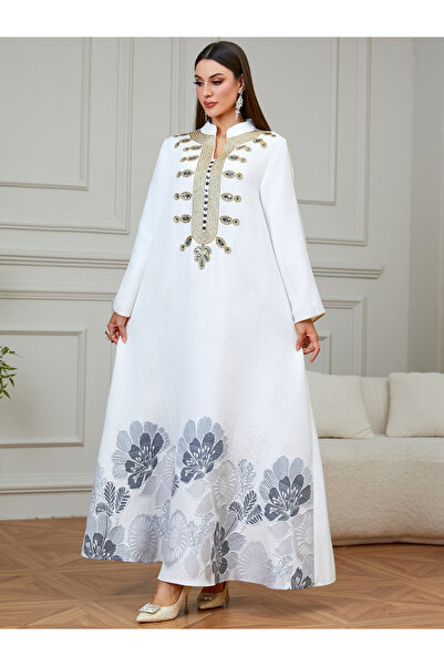 Take Two By Styli White Textured Floral Embroidered A-Line Jalabiya
