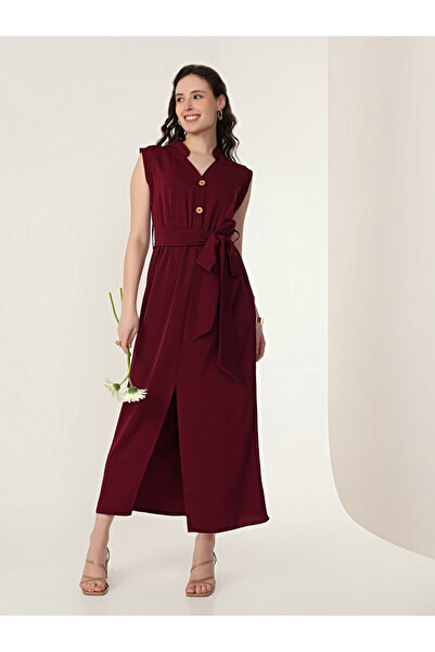 Mish By Styli Burgundy Sleeveless Midi Dress with Front Slit