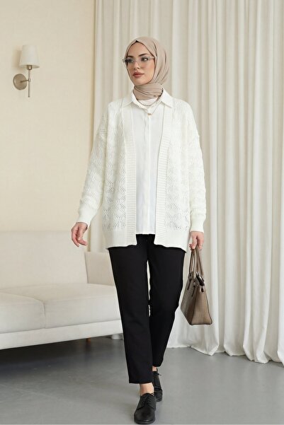 Modamorfo Patterned Araboy Knitted Knitwear Cardigan -Ecru