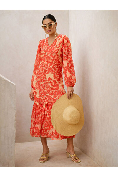 Sassafras By Styli Orange Floral Print Balloon Sleeve Midi Dress