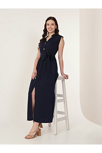 Mish By Styli Navy Blue Sleeveless Midi Dress with Front Slit