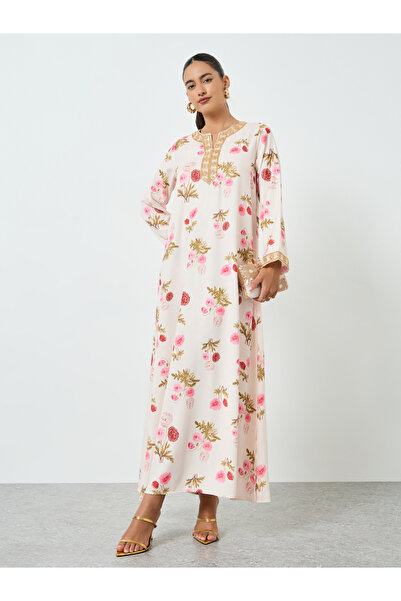 Amirah By Styli Light Pink Floral Print Jalabiya