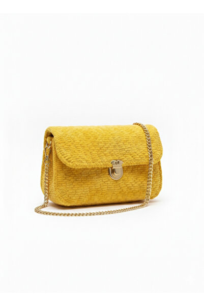 Nafta Handmade Velvet Thread Knitted Women's Bag with Chain Strap - Yellow