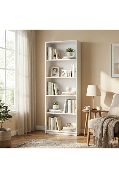 Ysf Ravoni Home Premium MDF 5 Raflı Kitaplık - Slim Tasarım Beyaz Dekoratif R...