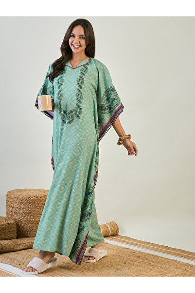 The Kaftan Company By Styli Green Paisley Printed Kaftan Nightdress with 3/4 ...