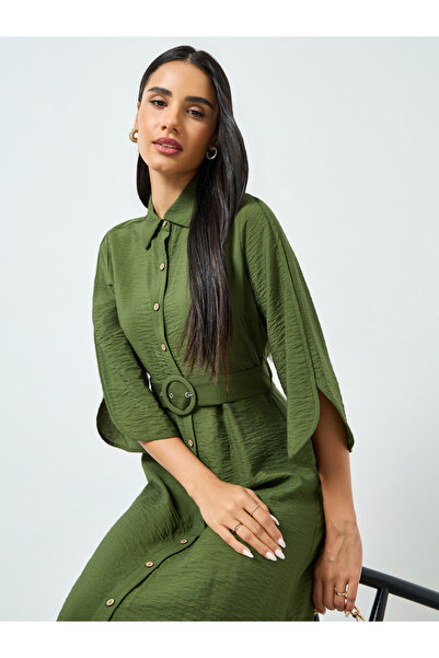 Styli Olive Textured Belted Shirt Maxi Dress