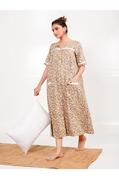 The Kaftan Company By Styli Beige Floral Print Short Sleeve Nightdress