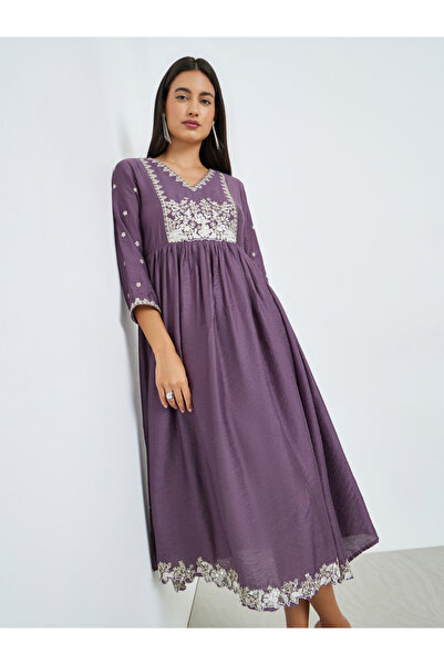 Styli Purple Embroidery A-Line Midi Dress with 3/4th Sleeves