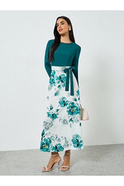 Take Two By Styli Women's Contrast Print Round Neck Long Sleeve A-line Maxi D...