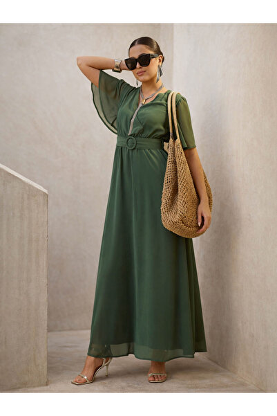 Sassafras By Styli Green V-Neck Short Sleeve Belted Maxi Dress