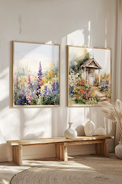 STARYUNA Wooden Framed Double Painting Set with Flower Garden View Yuna566