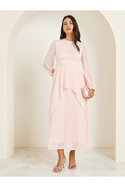 Styli Pink Embellished Long Sleeves Tiered Maxi Dress