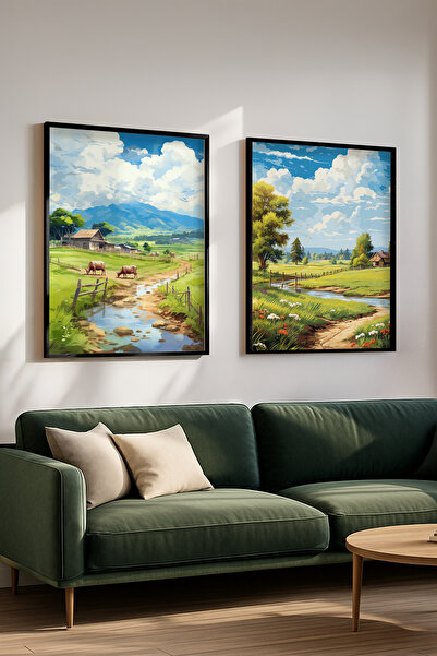 STARYUNA Black Wooden Framed Rural Scenery Mountain and Stream Double Paintin...