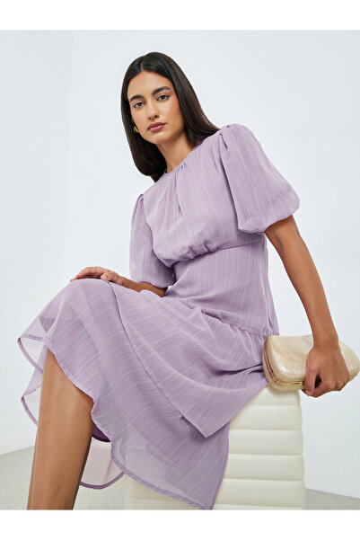 Styli Lilac Puff Sleeve Tiered Midi Dress
