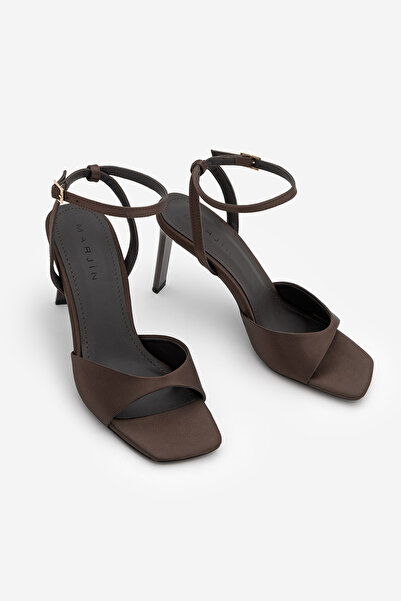 Marjin Women's Blunt Toe Ankle Strap Heeled Sandals Vados Brown Satin