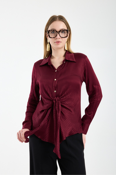 Moda Days Front-Tie Striped Satin Shirt