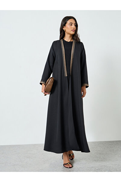 Amirah By Styli Black Embroidered Open Front Abaya