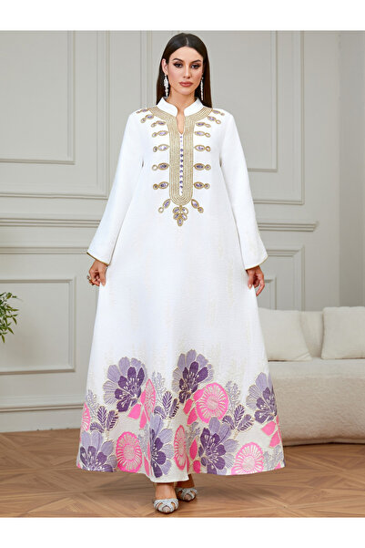 Take Two By Styli White Textured Floral Embroidered A-Line Jalabiya